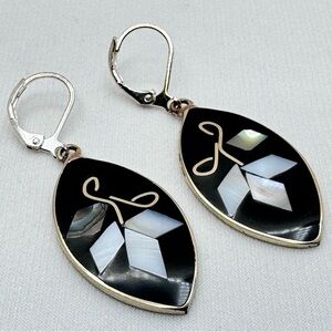 Vintage Mexico Silver Overlay Mother of Pearl Inlay Dangle Earrings Never Worn